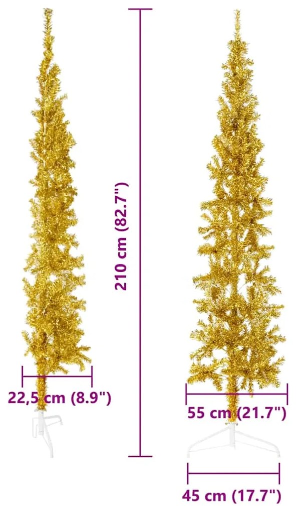 Meia árvore de Natal fina com suporte 210 cm dourado