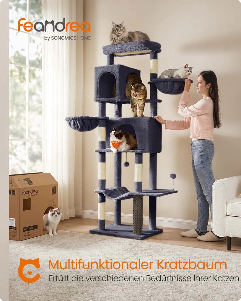 Arranhador para gatos com 190,7 cm de altura, 2 cavernas e 2 cavidades para descansar cinza escuro