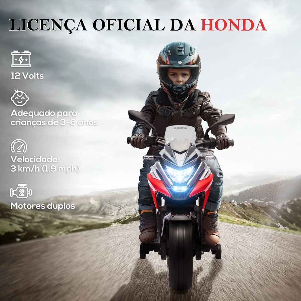 Moto Elétrica para Crianças de 3-6 Anos com Licença Honda com USB MP3 Luz LED e Velocidade 3 km/h Carga 30 kg Vermelho