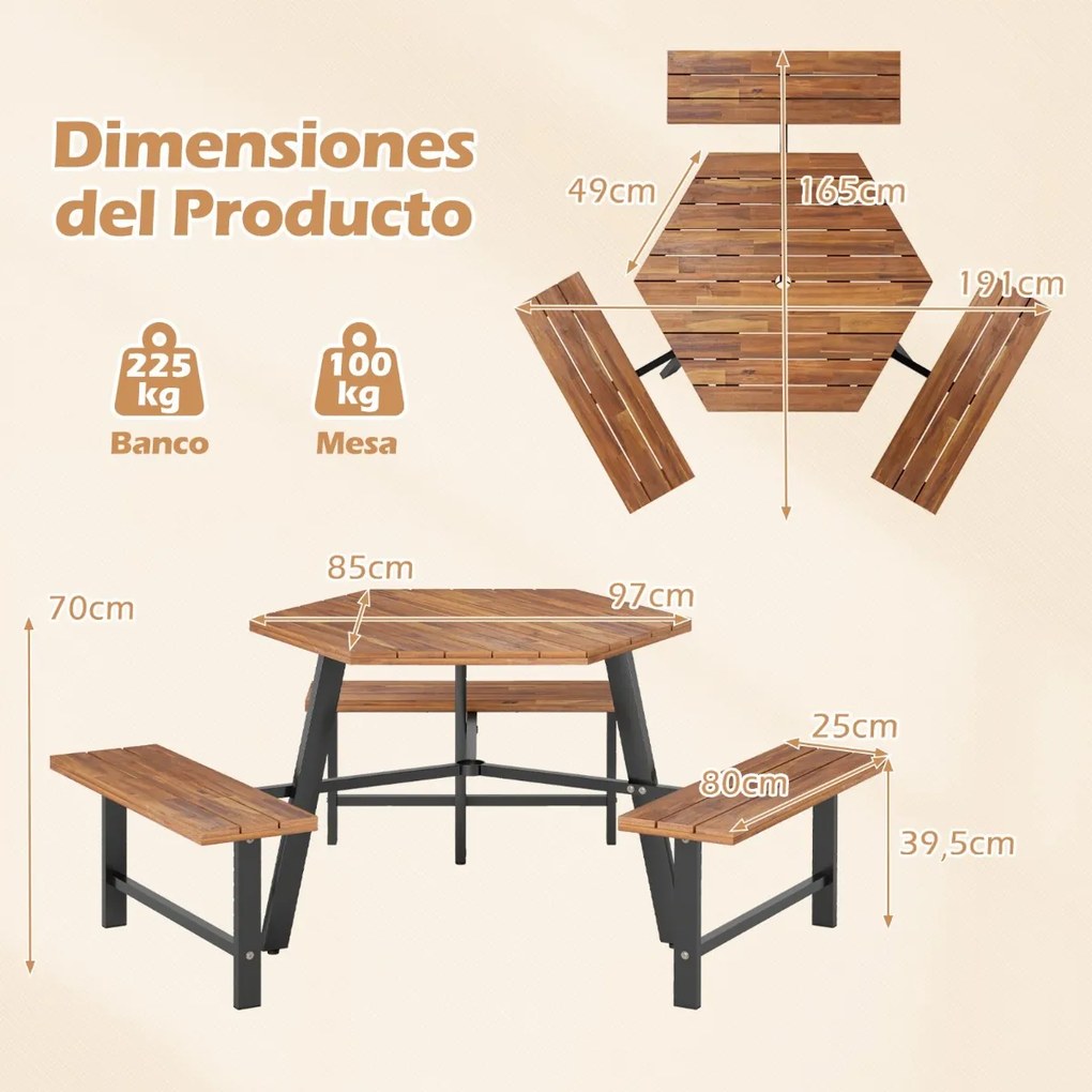Conjunto de mesa e bancos para 6 pessoas em madeira de acácia com 3 assentos, orifício para guarda-sol e estrutura metálica castanha e preta