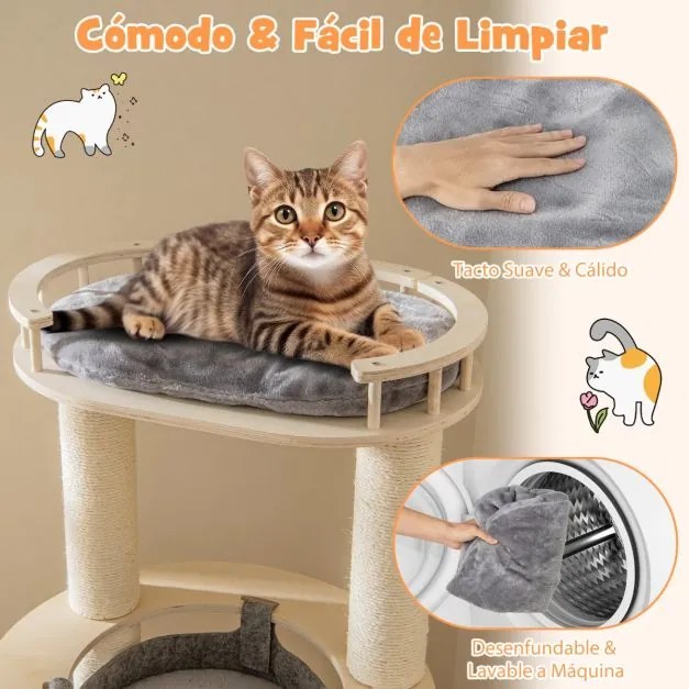 Arranhador para gatos de madeira de 6 níveis 150 cm com poleiro almofadado Rede de descanso Arranhadores de sisal Cinzento