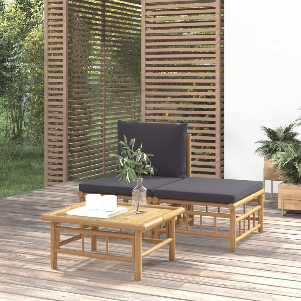 vidaXL 3pcs conj. lounge de jardim bambu c/ almofadões cinzento-escuro