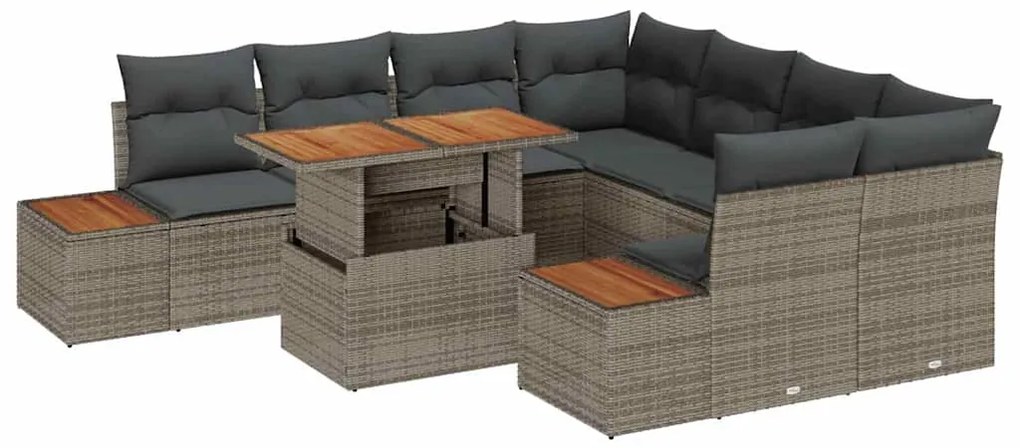 Conjunto de Jantar de Jardim com 9 Peças e Almofadas Cinzas em Rattan