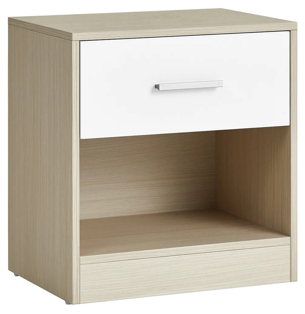 Mesa de cabeçeira com gaveta e compartimento aberto 28 x 39 x 41 cm Bege natural - branco clássico
