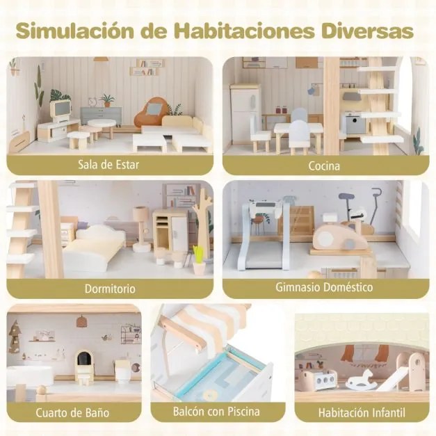 Casa de bonecas de madeira para crianças 63 x 25 x 78 cm com 33 acessórios de mobiliário, 6 quartos, para maiores de 3 anos, verde claro