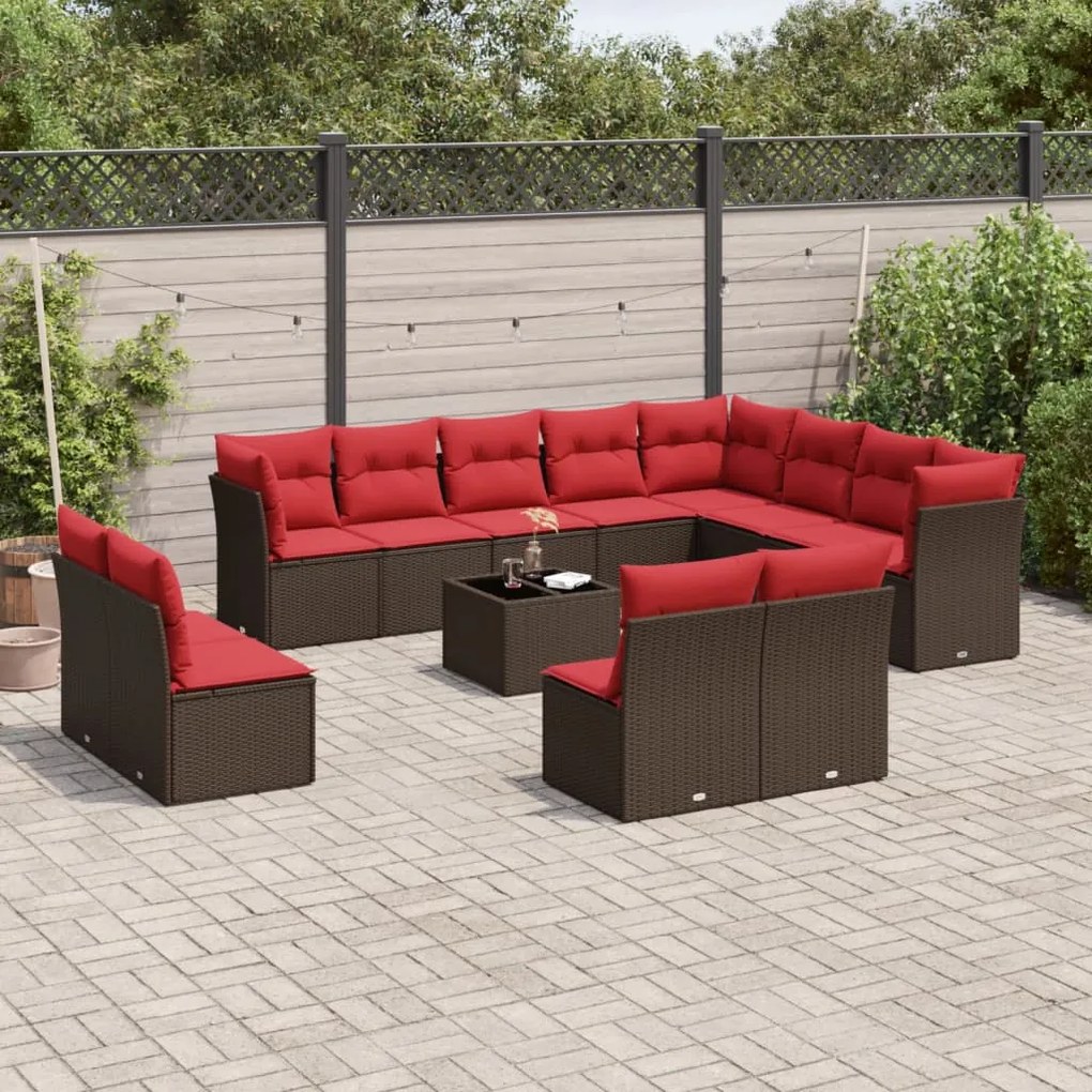 vidaXL 13 pcs conjunto sofás p/ jardim c/ almofadões vime PE castanho