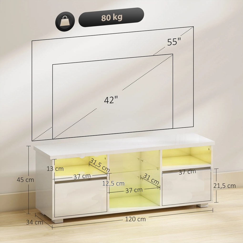 Móvel de TV 120 x 34 x 45 cm, móvel para televisores até 55 polegadas, com iluminação LED e comando à distância, prateleiras em vidro branco