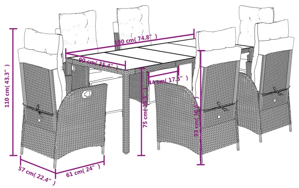 7 pcs conjunto de jantar p/ jardim c/ almofadões vime PE preto