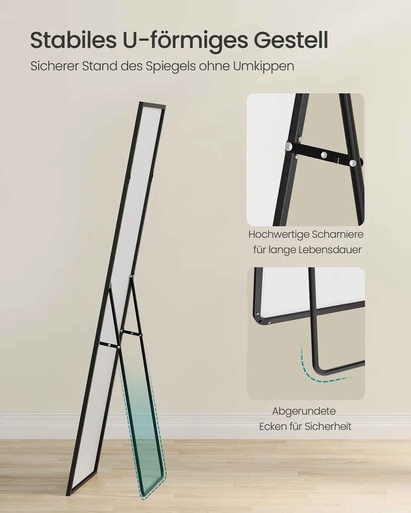 Espelho Pé de corpo inteiro com 150 x 40 cm e moldura resistente e Vidro temperado Preto 