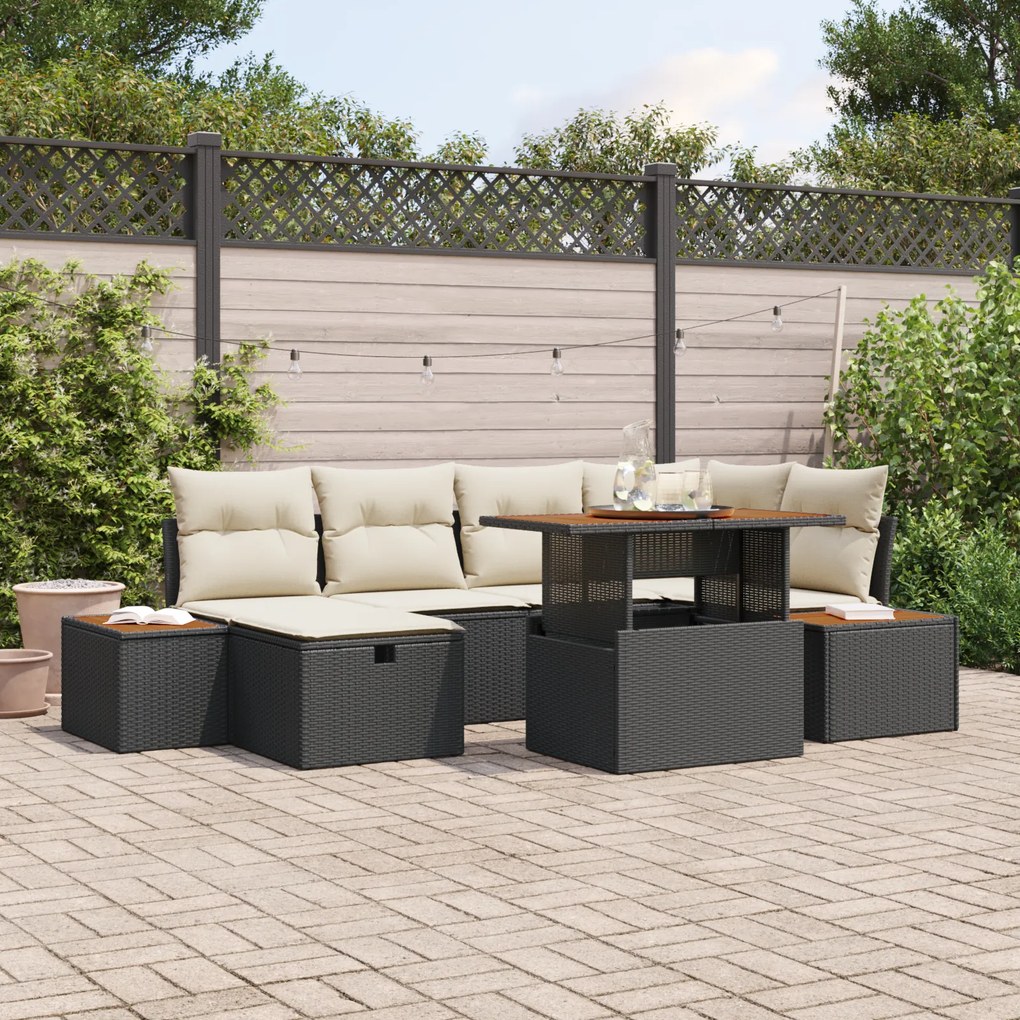 Conjunto de Sofá de Jardim de 7 Peças com Almofadas Preto de Rattan