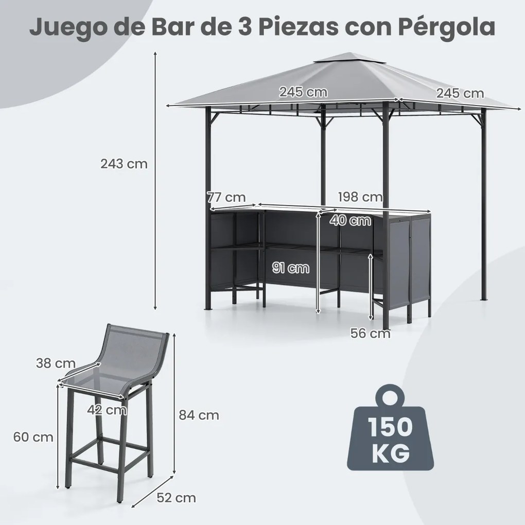 Conjunto de Tenda bar para jardim 245 x 245 x 243 cm com 3 peças com 2 bancos de bar Mesa de bar em vidro temperado Estante de armazenamento Cinza