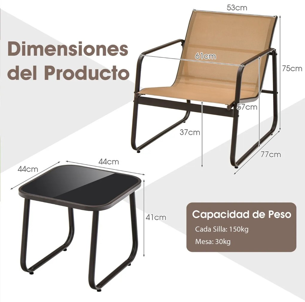 Conjunto de mesa e cadeiras de metal para área externa com tampo respirável e tampo de vidro Castanho