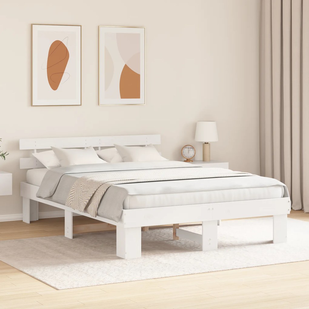 Estrado de Cama com Cabeceira Branco 140x200 cm Madeira Sólida Pinho