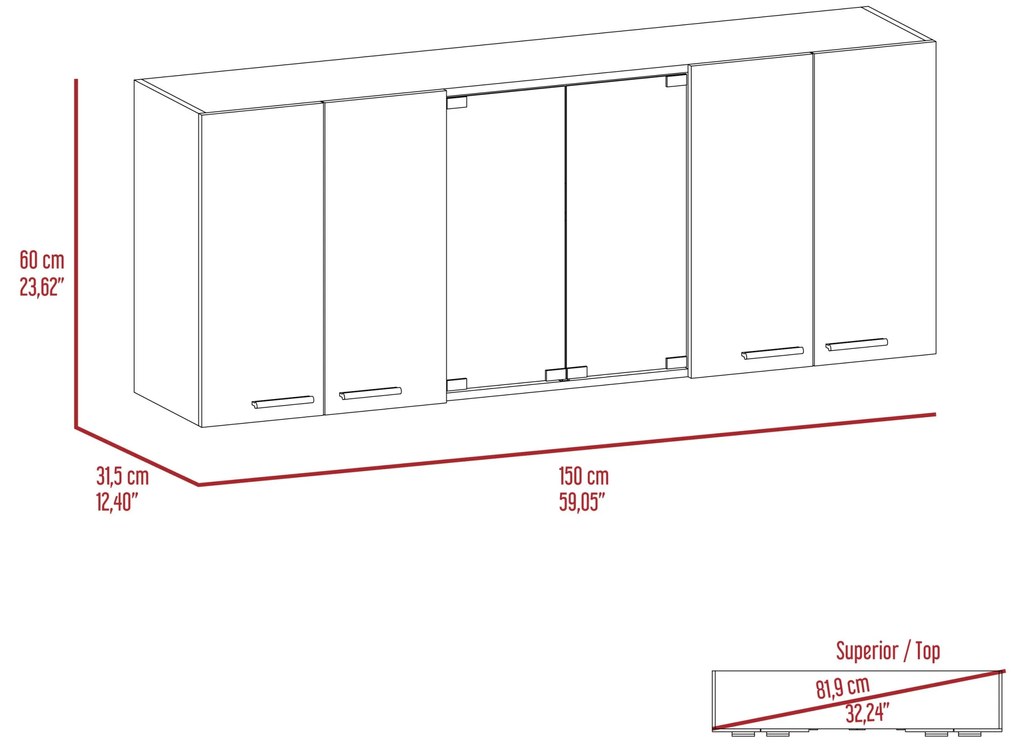 Móvel de parede para cozinha com vidro 150, com várias portas, 60 x 150 x 31,5 cm preto