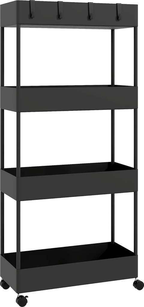 Carrinho Auxiliar com Rodas Carrinho de Armazenamento com 4 Cestas e 4 Ganchos Amovíveis 40x19x90 cm Preto