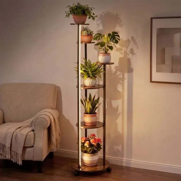 Suporte para plantas de canto com 6 níveis 45 x 43 x 146,5 cm, rodas bloqueáveis, luzes LED com 16 cores, comando à distância, expositor com rodas, Ca