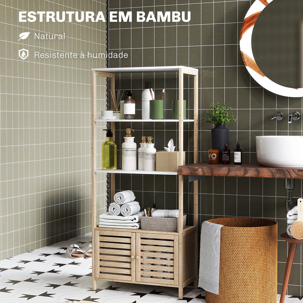 Estante para Casa de Banho de Bambu com 3 Prateleiras Abertas Estante de Arrumação Casa de Banho com Portas Ripadas 63x30x138 cm Madeira e Branco