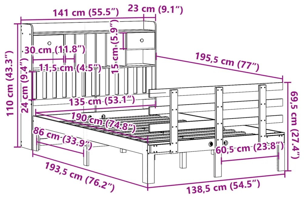 Cama com estante sem colchão 135x190 cm pinho maciço branco