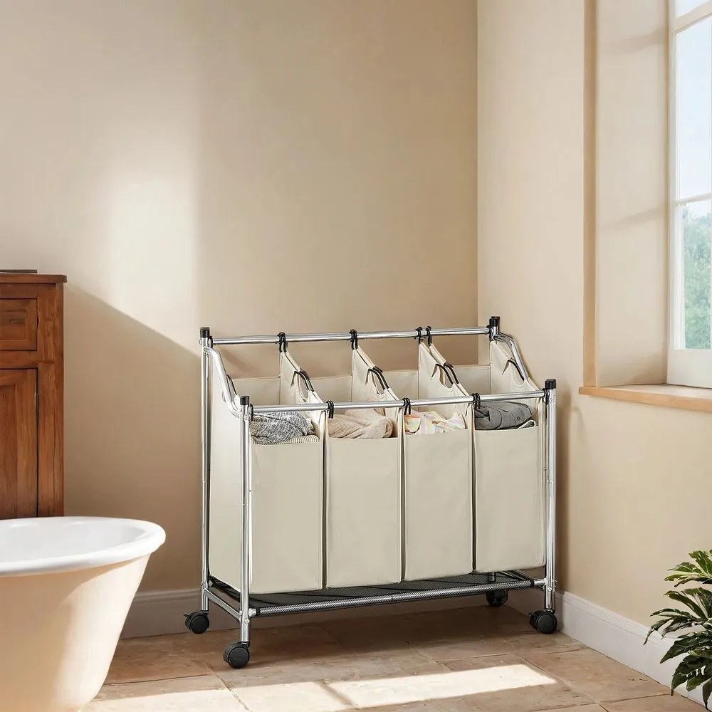 Cesto para roupa suja com rodas, 4 x 35 L, com 4 sacos removíveis 87,5 x 38,5 x 67/81 cm Bege