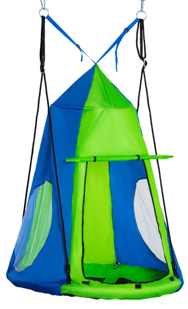 Outsunny Baloiço com Tenda Infantil Baloiço Ninho com Porta Enrolável e 2 Janelas de Malha para Crianças e Adultos Carga Máxima 200kg Interior e Exterior Ø100x180 cm Verde e Azul