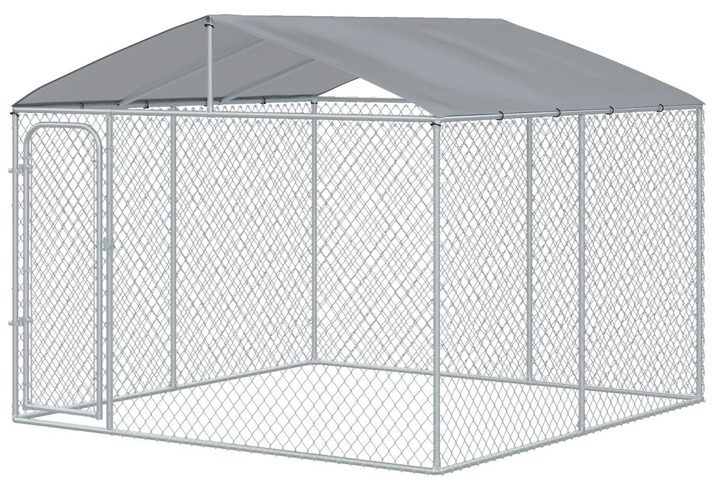 PawHut Canil de Exterior com Toldo Gaiola para Animais de Estimação com 1 Porta e Estrutura de Aço 300x300x234 cm Prata