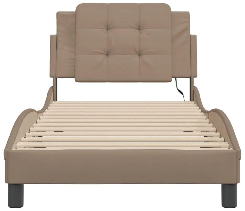 Estrutura cama c/ luzes LED 90x190 cm couro artif. cappuccino