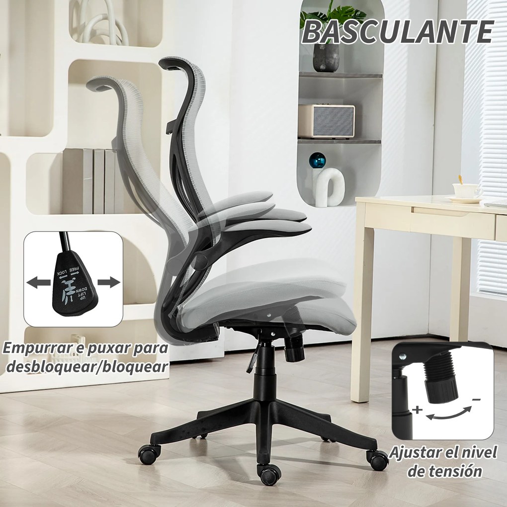 Cadeira de Escritório Giratória com Altura Ajustável Apoio para os Braços Dobráveis e Função Basculante 66x66x113-121 cm Cinza