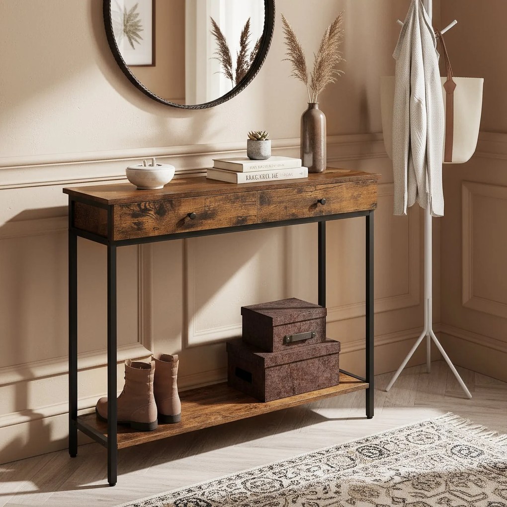 Mesa consola industrial com 2 gavetas 30 x 100 x 80 cm castanho vintage-preto