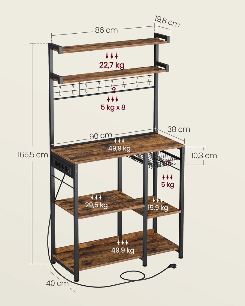 Armário de Cozinha com tomadas e cesto 40 x 90 x 165,5 cm Castanho vintage e Preto