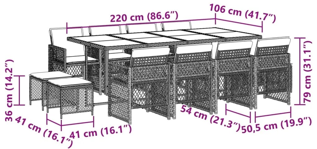 13 pcs conj. jantar jardim c/ almofadões vime PE cinzento-claro