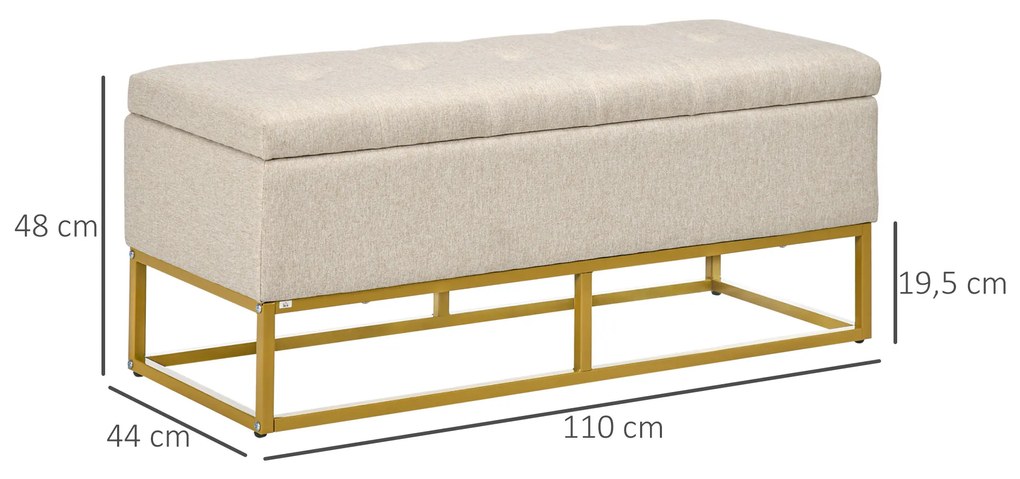 Banco de Armazenamento Retangular Estofado em Linho com Pés de Aço para Sala de Estar Dormitório 110x44x48 cm Bege