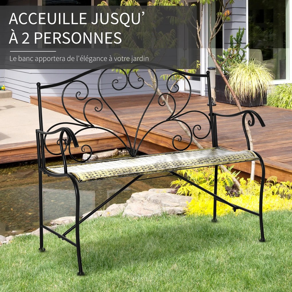 Banco de jardim de 2 lugares 100 x 50 x 88 cm, estilo neo-retro, em ferro forjado, com linhas afiladas, em metal preto dourado, com efeito envelhecido