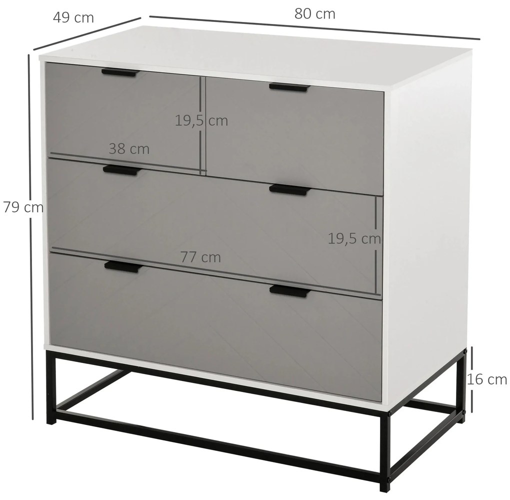 Cómoda com 4 Gavetas Base Elevada e Desenho Antiderrapante 80x40x79 cm Branco Cinzento e Preto