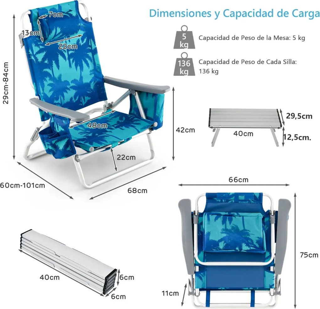 Conjunto de 2 cadeiras reclináveis de exterior com estrutura de alumínio e mesa de jardim, piscina campismo, praia dobraveis Azul