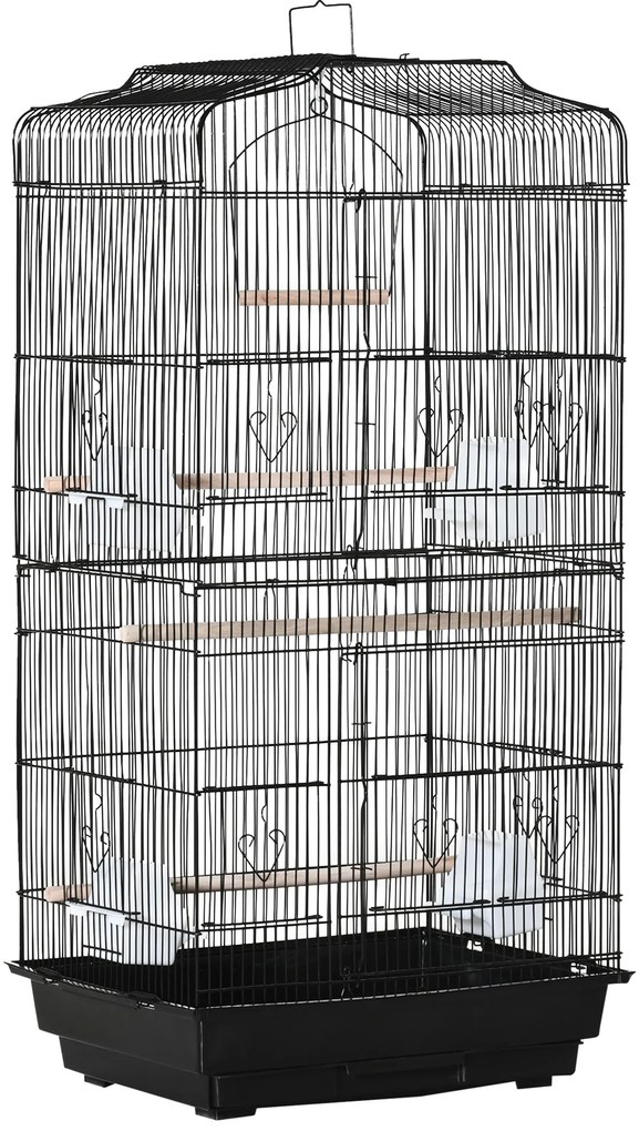 PawHut Gaiola para Passáros Gaiola de Metal com Portas 4 Comedouros 3 Poleiros Baloiço Bandeja Removível e Alça de Transporte para Papagaio Canário Periquito 46,5x35,5x92cm Preto