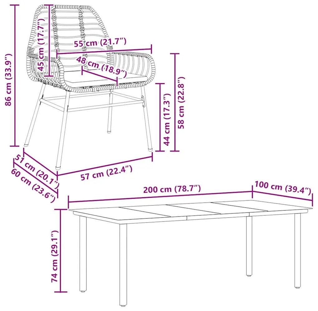 Conjunto de jantar jardim 9 peças almofadas vidro vime PE preto