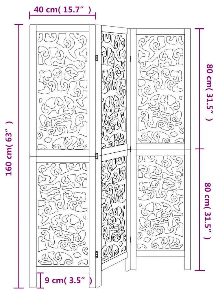 Biombo com 3 painéis madeira de paulownia maciça branco