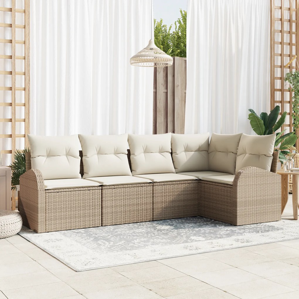 Conjunto de Sofá de Jardim de 5 Peças com Almofadas de Vime Bege, Sofá
