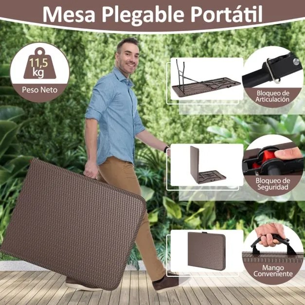 Mesa de piquenique de 180 cm com superfície em HDPE portátil para acampar Café
