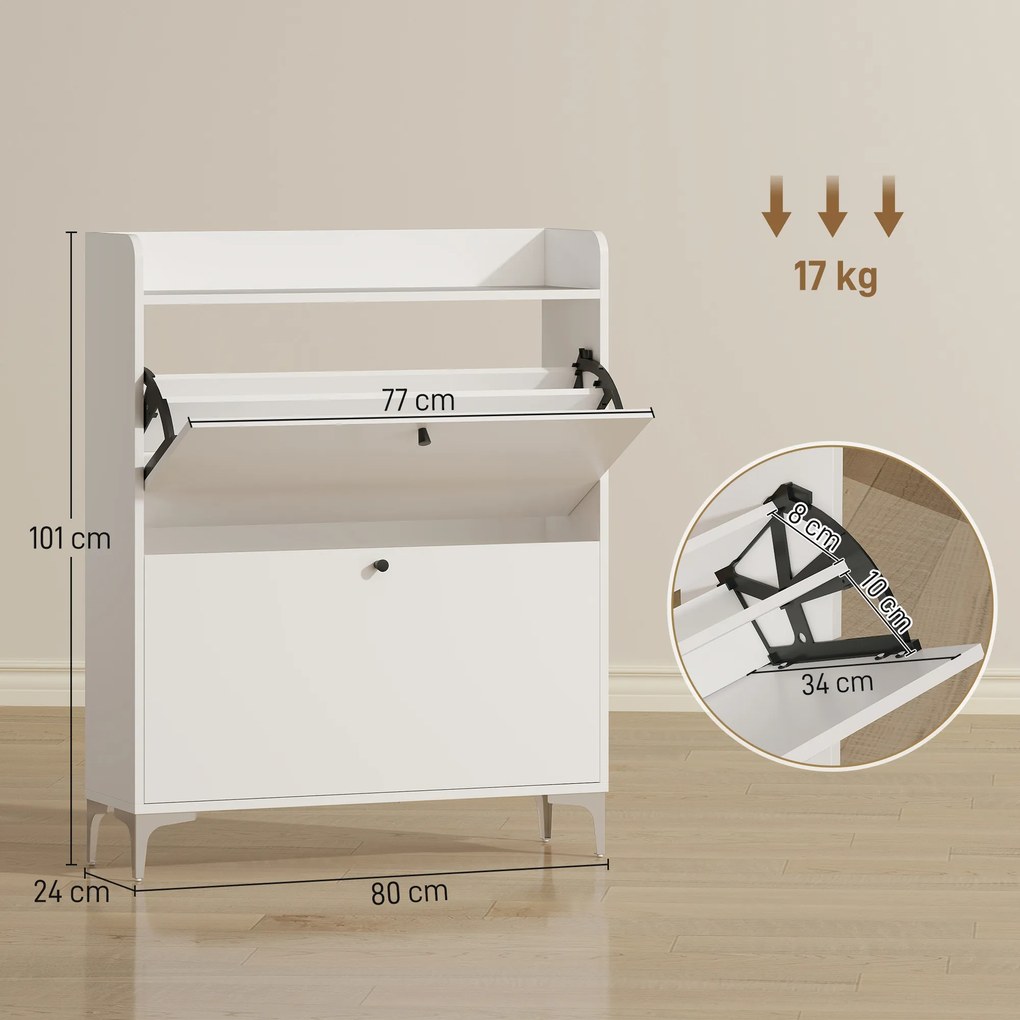 Sapateira com capacidade para 16 pares, com 2 gavetas rebatíveis e prateleiras ajustáveis, 80 x 24 x 101 cm, branco