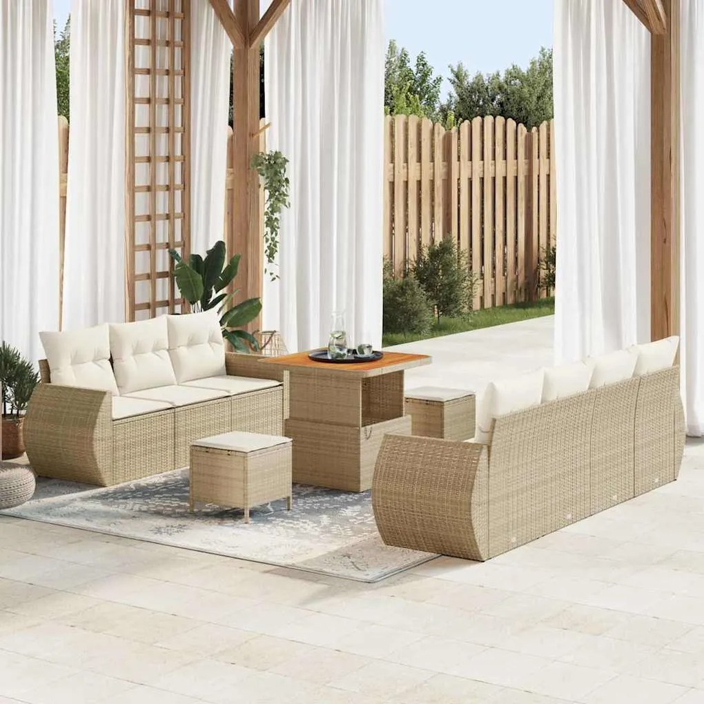 vidaXL Conjunto de Sofá de Jardim de 10 Peças com Almofadas Bege em Rattan Sintético e Acácia