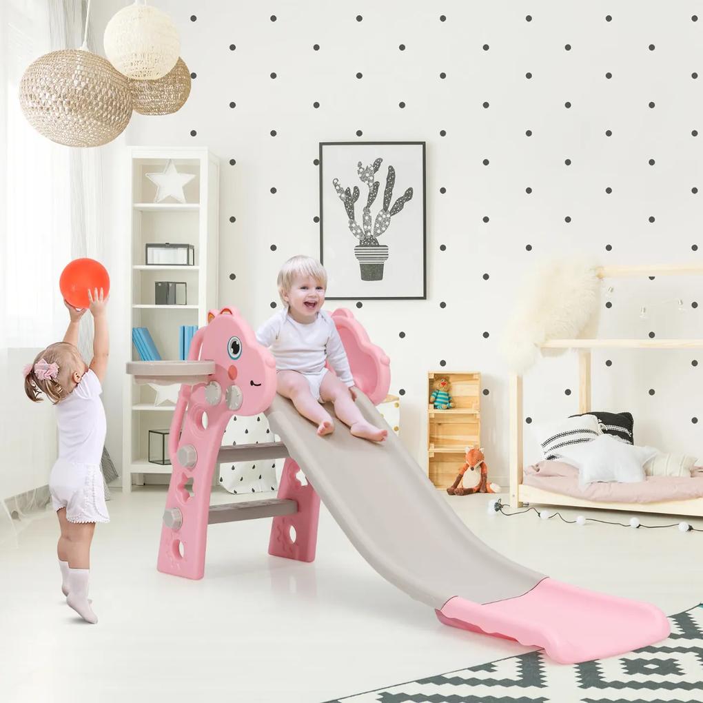 Escorrega Infantil 3 em 1 para Crianças com Escada Basquetebol e Bola Multifuncional de Dinossauro de Brinquedo para Interior  Exterior Rosa