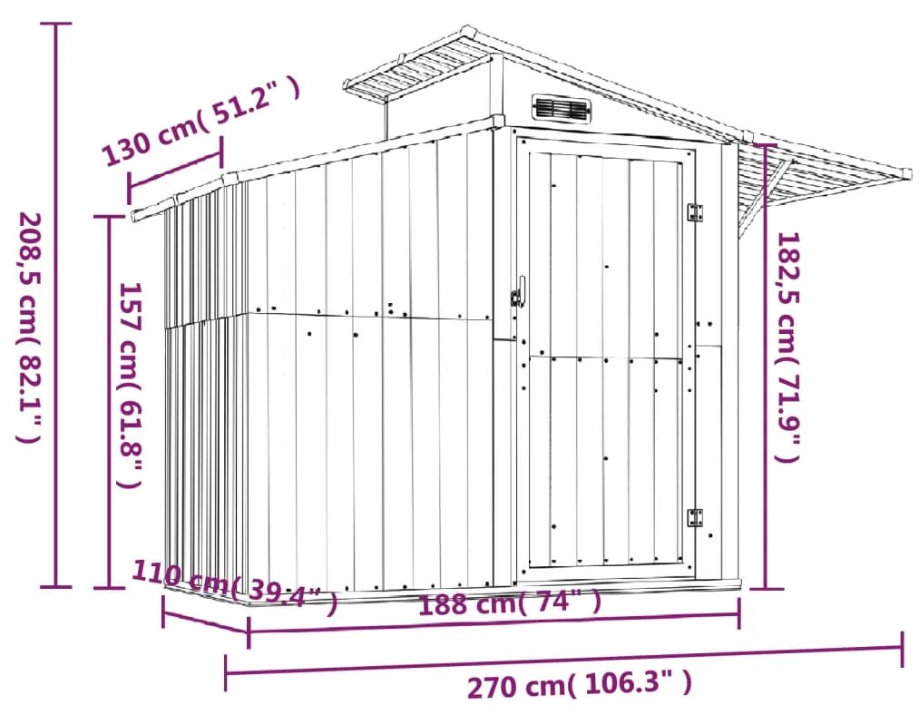 Abrigo de jardim 270x130x208,5 cm aço galvanizado cinzento