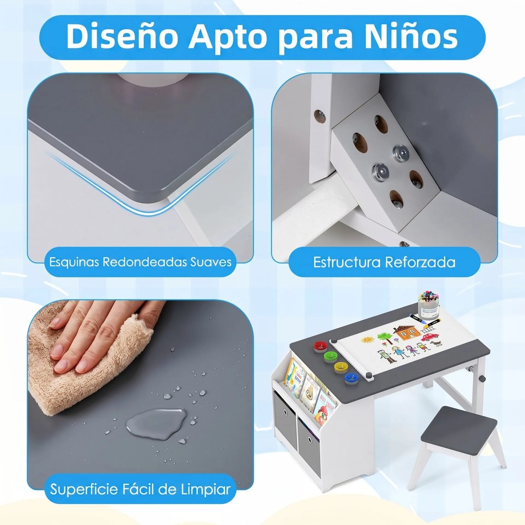 Conjunto de Mesa de Arte Infantil e Banco, 91 x 54 x 49,5 cm, Com Rolo de Desenho, Cinzento + Branco