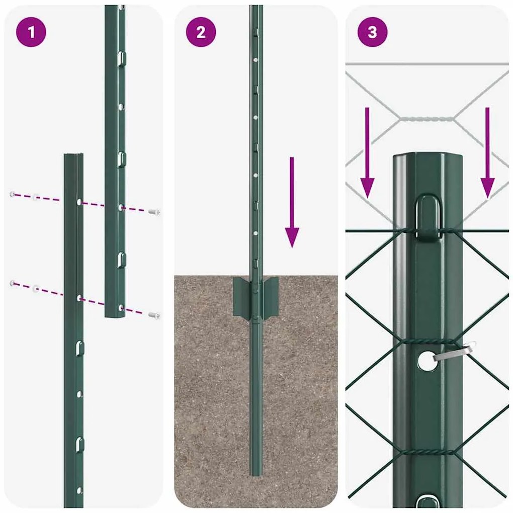 Posts de Cerca vidaXL 11 pcs U-Channel Verde 140 cm Aço