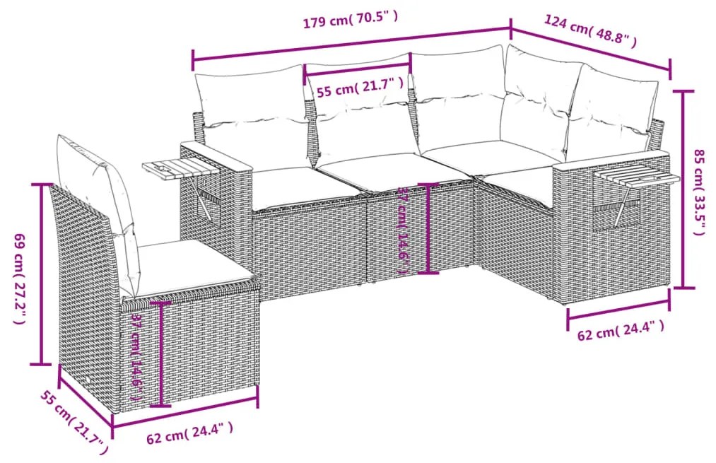 5 pcs conjunto sofás de jardim c/ almofadões vime PE cinzento