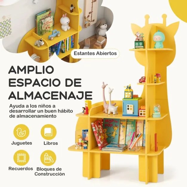 Estante de madeira para crianças com 4 níveis para girafas Organizador de brinquedos com prateleiras de arrumação abertas Amarela