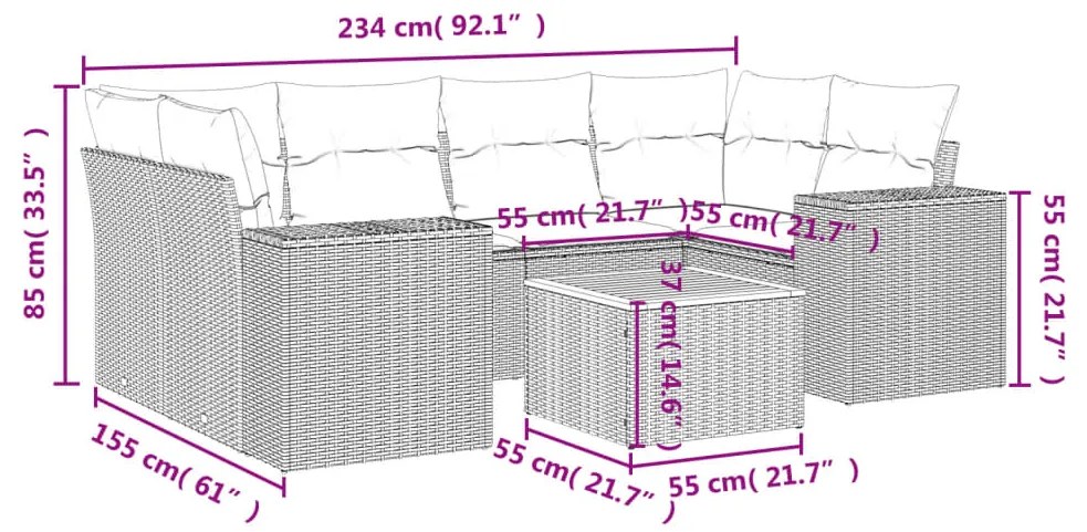 7 pcs conjunto de sofás p/ jardim c/ almofadões vime PE preto