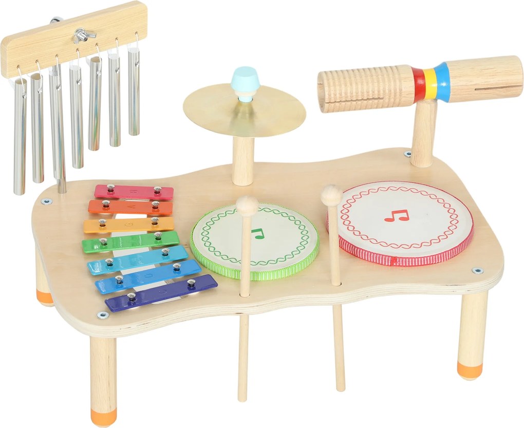 AIYAPLAY Instrumentos Musicais Infantis de Madeira Montessori com Tambor Xilofone Duplo Som Prato Sino de Vento Madeira Natural | Aosom Portugal