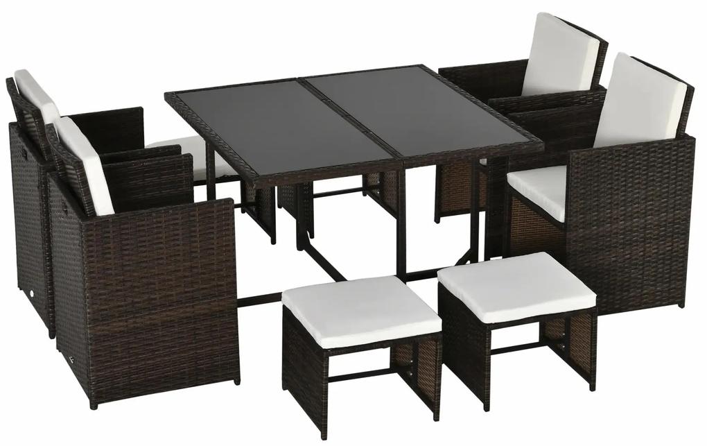 Outsunny Conjunto de Móveis de Vime PE para Jardim Conjunto de 9 Peças Mesa Cadeiras e Bancos com Almofadas para Exterior Marrom | Aosom Portugal